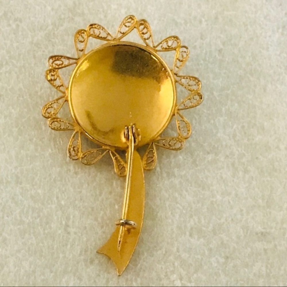 Vtg Damascene Brooch Gold Black Bird Flower Motifs - Picture 3 of 6